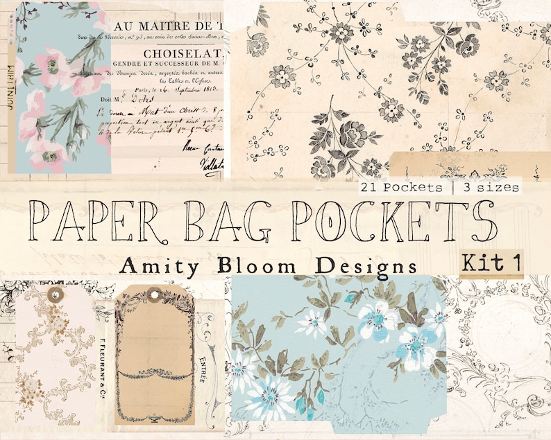 Op de afbeelding: Een set van 21 papieren zakjes in drie maten, met een vintage bloemenontwerp. De zakjes zijn gelabeld met "Kit 1" en "Amity Bloom Designs".