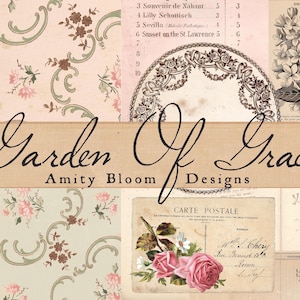 May include: A collage featuring vintage ephemera with floral and botanical elements. The design includes a postcard with pink roses, ledger paper, and patterned wallpaper. The text "Garden Of Grace" is prominently displayed.
