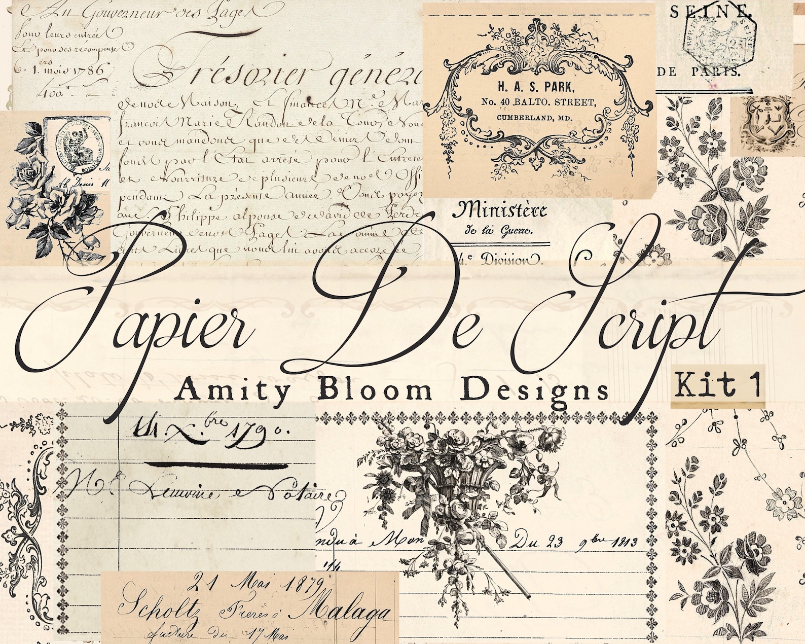 Papier De Script | Antique French Documents | Vintage Paper Kit 1 - Etsy