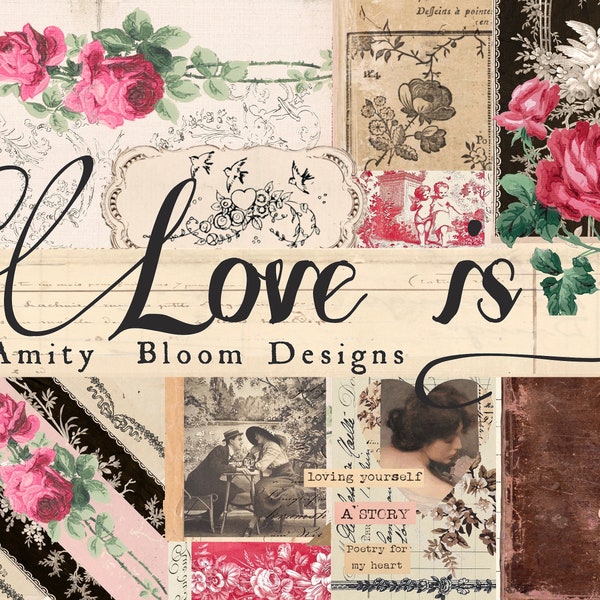 L'amour, c'est | Papier décoratif vintage et kit de journal | Papiers d'artiste