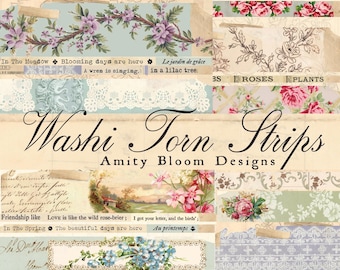 Strisce di carta Washi vintage strappate / Kit di 44 strisce decorative Washi strappate e carta per collage