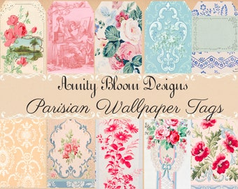 May include: A set of 10 printable Parisian wallpaper tags featuring floral and geometric patterns in pink, blue, and white. The tags are ideal for adding a vintage touch to your crafts and gifts.