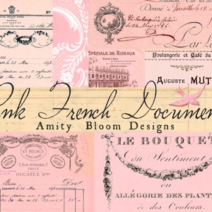 Documenti e ricevute francesi rosa / Ephemera francese antico / Carta decorativa vintage