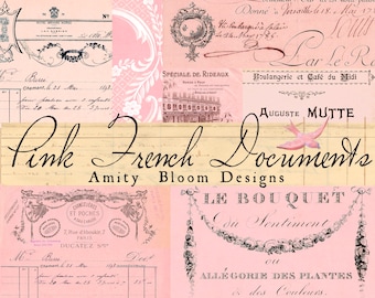 May include: A collage of vintage French documents and designs in pink and black. The text includes "Pink French Documents", "Amity Bloom Designs", "Le Bouquet du Sentiment", and "Allegorie des Plantes et des Couleurs".