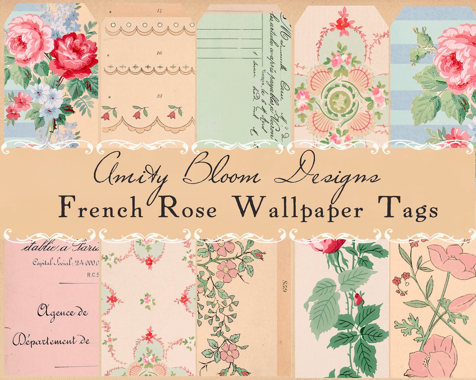 French Roses Background French Rose Wallpaper Tags | 35 Vintage Floral Tags - Etsy