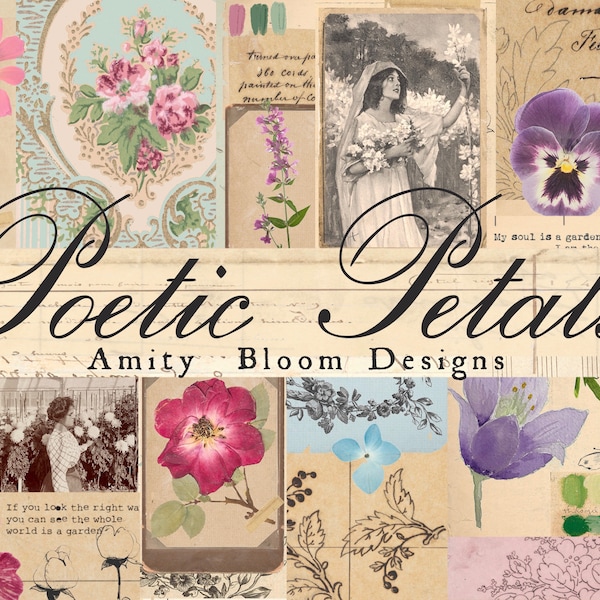 Pétales poétiques | Papier décoratif vintage et kit de journal | Papiers d'artiste