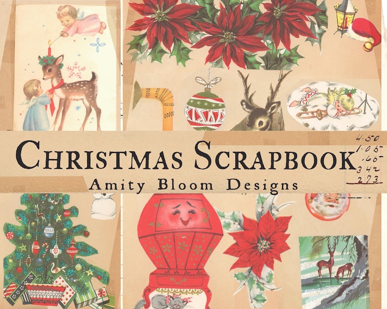 Puede incluir: Un &aacute;lbum de recortes de Navidad vintage con im&aacute;genes de una poinsettia roja, un &aacute;rbol de Navidad, un reno, un Pap&aacute; Noel y un globo aerost&aacute;tico. La portada del &aacute;lbum tiene el texto "Christmas Scrapbook" y "Amity Bloom Designs".