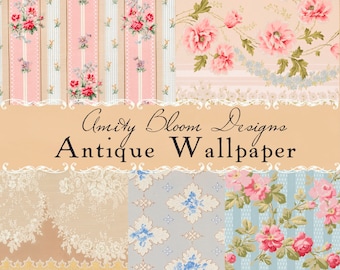 Può includere: Un collage di cinque motivi di carta da parati floreale vintage. I motivi presentano fiori rosa, blu e bianchi su una varietà di sfondi, tra cui strisce, pizzo e motivi floreali. Il testo "Amity Bloom Designs Antique Wallpaper" è visualizzato al centro dell'immagine.