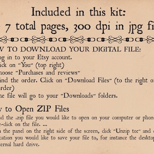 Puede incluir: Papel de color beige con texto negro que detalla c&oacute;mo descargar y abrir archivos digitales de Etsy. El texto incluye instrucciones sobre c&oacute;mo encontrar los archivos en su cuenta y abrir archivos ZIP.