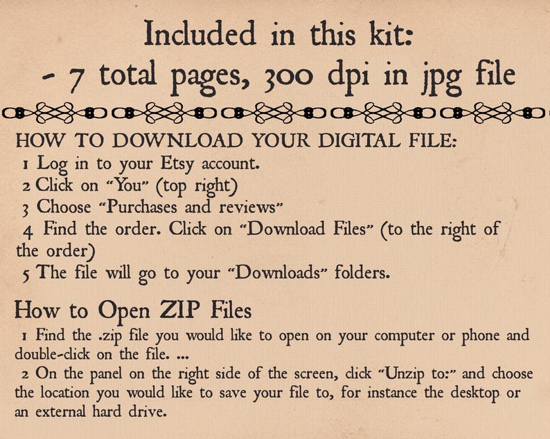 Puede incluir: Papel de color beige con texto negro que detalla c&oacute;mo descargar y abrir archivos digitales de Etsy. El texto incluye instrucciones sobre c&oacute;mo encontrar los archivos en su cuenta y abrir archivos ZIP.