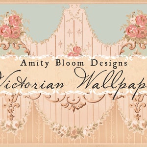 May include: Victorian Wallpaper design by Amity Bloom Designs. The image features a vintage wallpaper design with a light blue and beige color scheme. The design includes floral bouquets and decorative scrollwork.