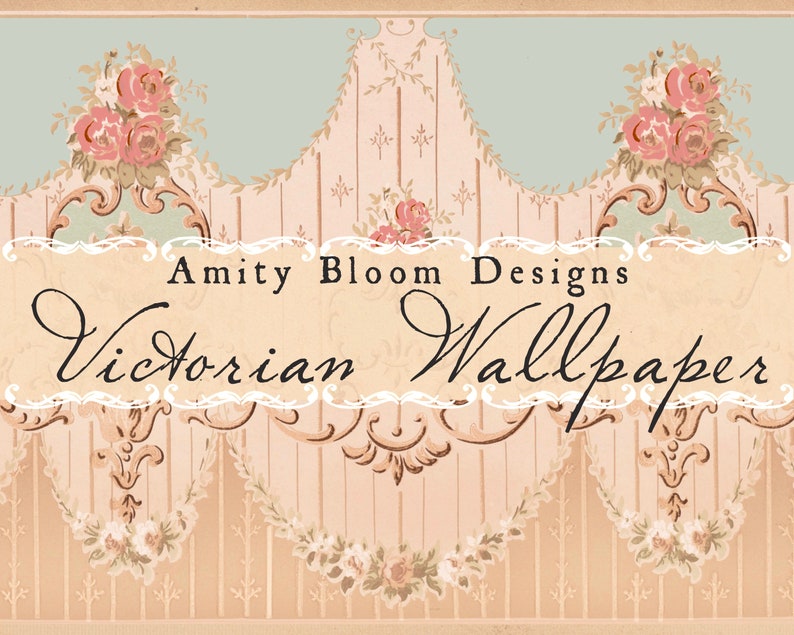 May include: Victorian Wallpaper design by Amity Bloom Designs. The image features a vintage wallpaper design with a light blue and beige color scheme. The design includes floral bouquets and decorative scrollwork.