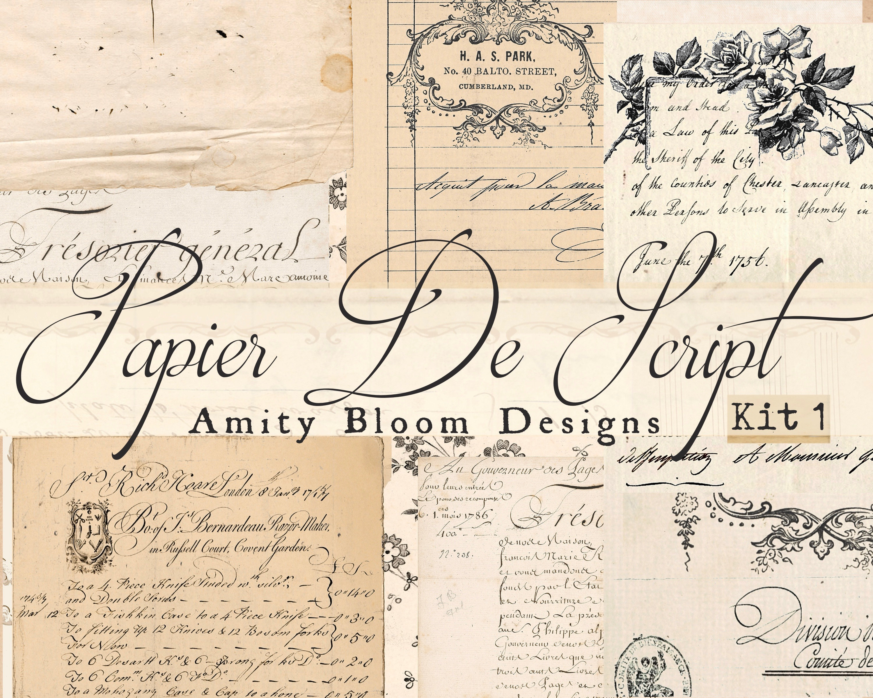 Papier De Script | Antique French Documents | Vintage Paper Kit 1 - Etsy