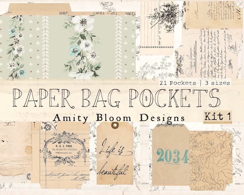 Op de afbeelding: Een digitale papierknutselset met 21 zakjes in 3 maten. De set heet "Paper Bag Pockets" en is ontworpen door Amity Bloom Designs. De set is gemarkeerd met "Kit 1".