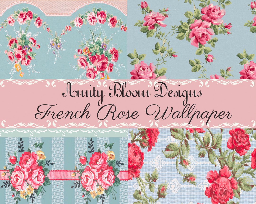 luビスケッツ　ローズ柄壁紙　ウォールペーパー　検フランスアンティーク 半巻) フランス アンティーク 壁紙 ピンク 花柄 53 cm | Le petit