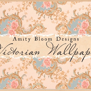 May include: Victorian wallpaper design with a repeating pattern of floral and scroll motifs in soft pink, blue, and gold tones. The text "Amity Bloom Designs Victorian Wallpaper" is displayed across the center.