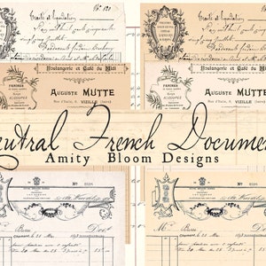 May include: A digital collage of vintage French documents with a neutral color scheme. The documents feature ornate borders, handwritten text, and the words "Boulangerie et Caf&eacute; du Midi" and "Auguste Mutte". The text "Neutral French Documents Amity Bloom Designs" is written in cursive script.