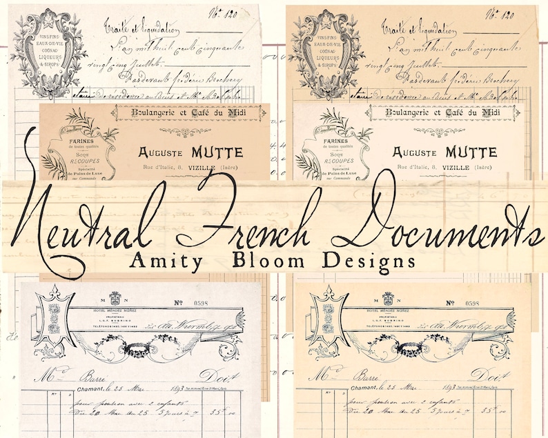May include: A digital collage of vintage French documents with a neutral color scheme. The documents feature ornate borders, handwritten text, and the words "Boulangerie et Caf&eacute; du Midi" and "Auguste Mutte". The text "Neutral French Documents Amity Bloom Designs" is written in cursive script.