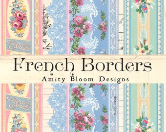 May include: A collection of digital paper designs featuring French-inspired borders with floral patterns, lace, and script. The designs are titled "French Borders" and "Amity Bloom Designs".