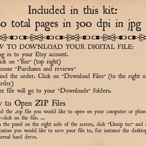 May include: An instruction sheet for a digital download of a 20-page printable kit. The sheet explains how to download the digital file from Etsy and how to open ZIP files.