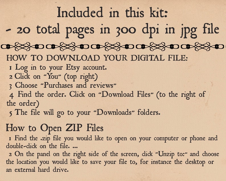 May include: An instruction sheet for a digital download of a 20-page printable kit. The sheet explains how to download the digital file from Etsy and how to open ZIP files.