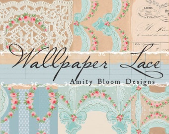 May include: A collage of vintage-style wallpaper designs. The image features various patterns, including white lace, floral garlands, and ribbons in shades of pink and teal. The text "Wallpaper Lace" and "Amity Bloom Designs" are also visible.