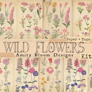 Zestaw stron botanicznych Wild Flower 2 | Zestaw papieru dekoracyjnego i tagów Vintage Decorative Botanical | 2 style papieru Vintage