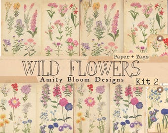 Wild Flower Botanical Pages Kit 2 | Vintage Decorative Botanical Paper & Tag Kit | 2 Vintage Paper Styles
