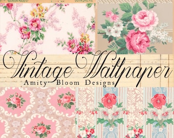 May include: A collage of vintage floral wallpaper patterns in pink, white, and green. The patterns feature roses, leaves, and stripes. The text "Vintage Wallpaper Amity Bloom Designs" is in the center of the image.
