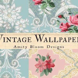 K&ouml;nnte beinhalten: Vintage Tapetendesign mit floralen und ornamentalen Mustern in Blau-, Rosa- und Cremet&ouml;nen. Das Bild zeigt den Text "Vintage Wallpaper" und "Amity Bloom Designs".