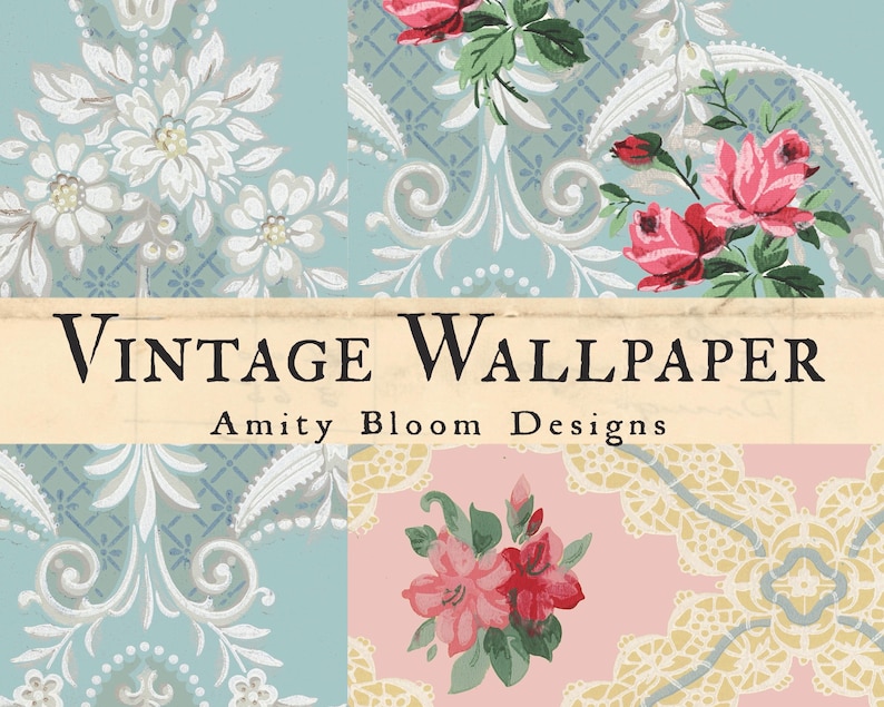 K&ouml;nnte beinhalten: Vintage Tapetendesign mit floralen und ornamentalen Mustern in Blau-, Rosa- und Cremet&ouml;nen. Das Bild zeigt den Text "Vintage Wallpaper" und "Amity Bloom Designs".