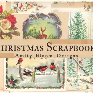 Puede incluir: Un &aacute;lbum de recortes de Navidad vintage con el t&iacute;tulo "Christmas Scrapbook Amity Bloom Designs". La portada del &aacute;lbum presenta un collage de im&aacute;genes, incluyendo una rosa blanca con acentos rojos, una escena de invierno con un ciervo y un bosque nevado con p&aacute;jaros y una ardilla.