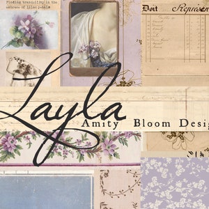 May include: A collage of vintage images with a floral theme. The images include a woman in a white dress, a bouquet of purple flowers, and a handwritten inscription that reads "Layla Amity Bloom Designs".