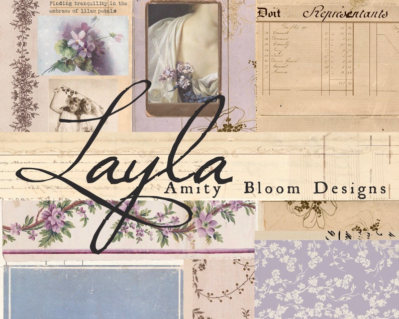 May include: A collage of vintage images with a floral theme. The images include a woman in a white dress, a bouquet of purple flowers, and a handwritten inscription that reads "Layla Amity Bloom Designs".