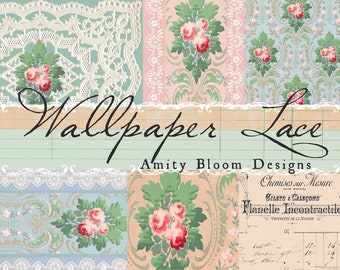 May include: A collage of vintage wallpaper and lace designs. The image features floral patterns in pink, green, and blue, with the text "Wallpaper Lace" and "Amity Bloom Designs". The overall aesthetic is romantic and antique.