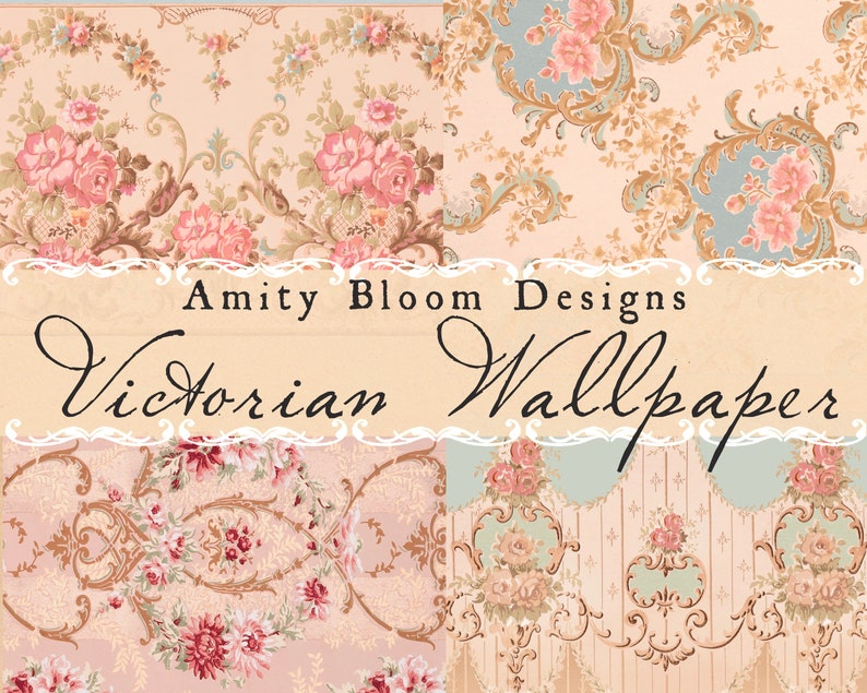 May include: A collage of Victorian wallpaper designs. The patterns feature floral arrangements in shades of pink, peach, and cream, with ornate scrollwork and decorative borders. The text "Amity Bloom Designs Victorian Wallpaper" is displayed across the image.