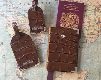 Tan Brown Crocodile Embossed Leather Passport Cover & 2 Luggage Tags