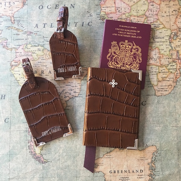 Tan Brown Crocodile Embossed Leather Passport Cover & 2 Luggage Tags