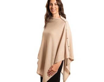 Sand Beige 100% Cashmere Button Poncho Gift Boxed