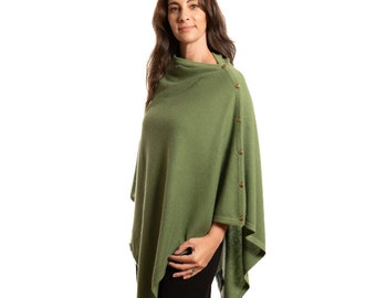 Personalised Kiwi Green Pure Cashmere Button Poncho Scarf Wrap Gift Boxed