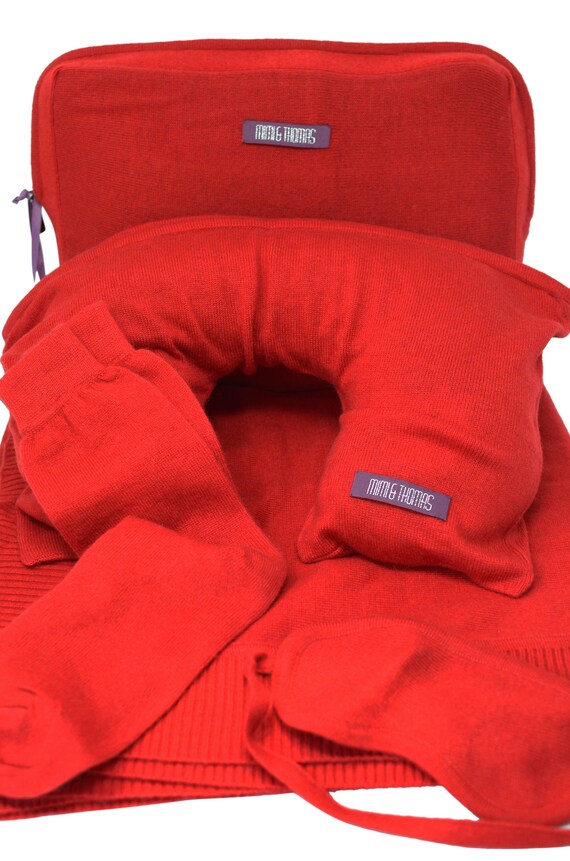 Red 100 Pure Cashmere Travel Set Blanket Travel Pillow Eye Etsy