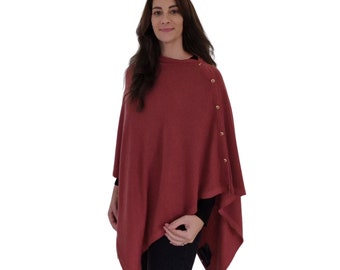 Personalised Rosewood Red Pure Cashmere Button Poncho Scarf Wrap Gift Boxed