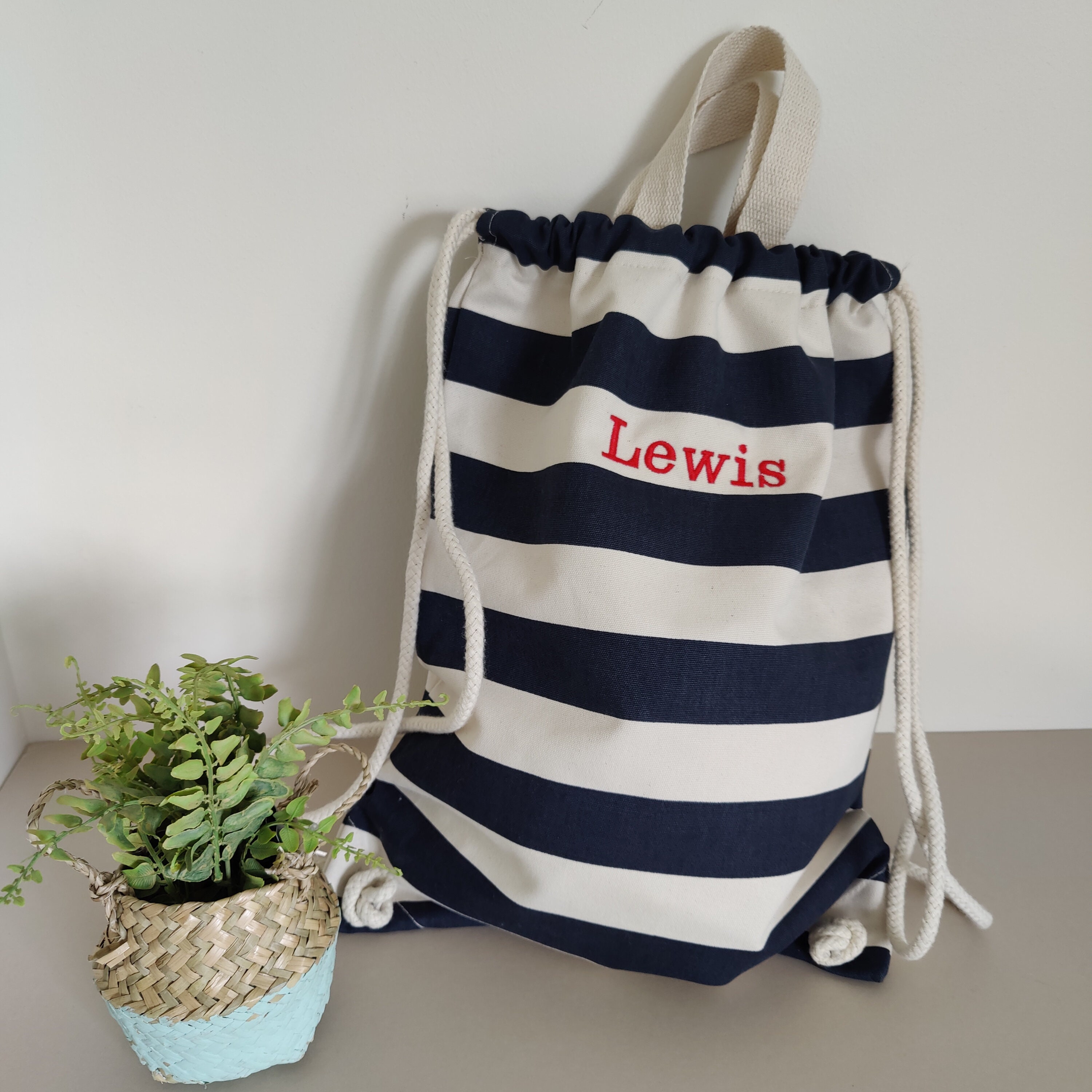 Nautical Striped Cotton Drawstring Backpack Tote Bag - Etsy UK