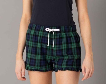 Pigiama da donna in flanella di cotone scozzese con pantaloncini a balze