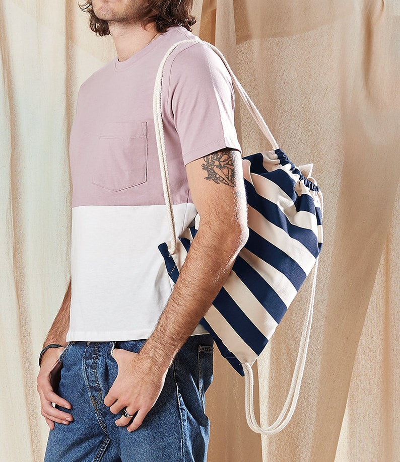 Nautical Striped Cotton Drawstring Backpack Tote Bag Etsy UK