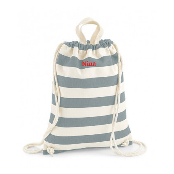 Nautical Striped Cotton Drawstring Backpack Tote Bag - Etsy display picture 3