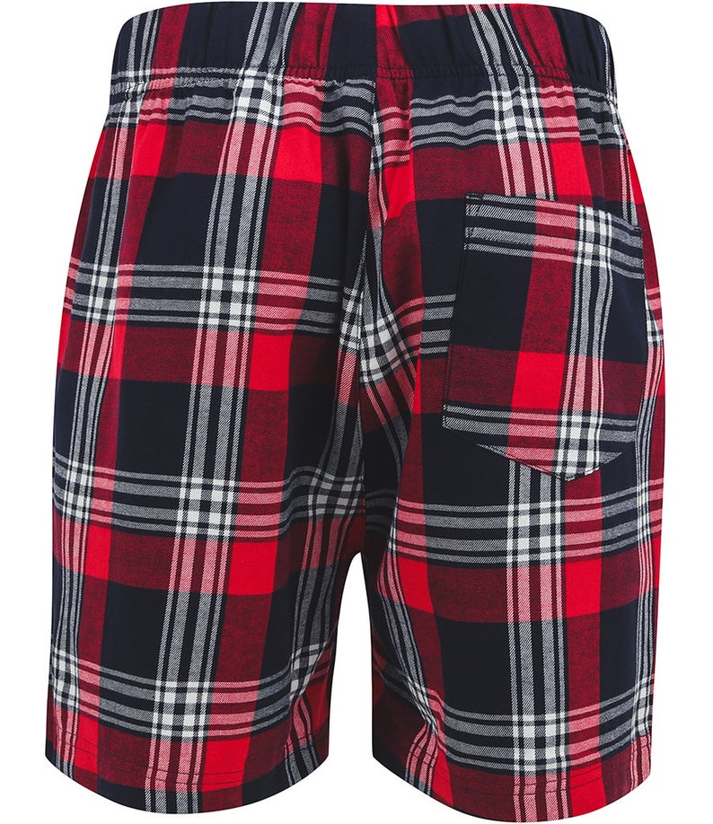 May include: Red and navy blue plaid shorts with a back pocket.