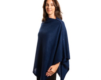 Navy 100% Cashmere Button Poncho Gift Boxed