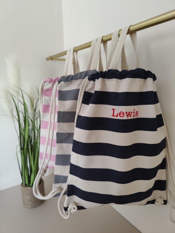Nautical Striped Cotton Drawstring Backpack Tote Bag - Etsy display picture 3