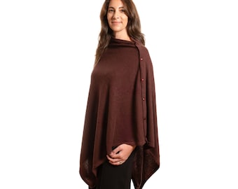Personalised Dark Brown 100% Cashmere Button Poncho Gift Boxed
